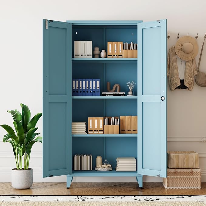 Metal Storage Cabinet with Lock,Blue Steel Tool Cabinet with 3 Adjustable Shelves,61 Tall Freestanding Heavy Duty Garage Locker for Home Office Kitchen 61" H X 27.6" W X 13.8" D