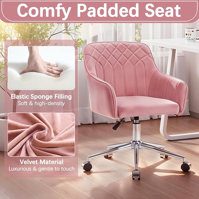 VECELO Modern Velvet Swivel Home Office Desk Chair with Back & Rolling Wheels, Adjustable Seat Height for Girls Women Bed Room Vanity Makeup/Task/Computer Work, Pink
