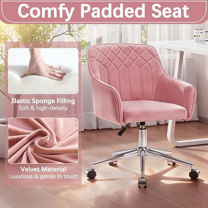 VECELO Modern Velvet Swivel Home Office Desk Chair with Back & Rolling Wheels, Adjustable Seat Height for Girls Women Bed Room Vanity Makeup/Task/Computer Work, Pink