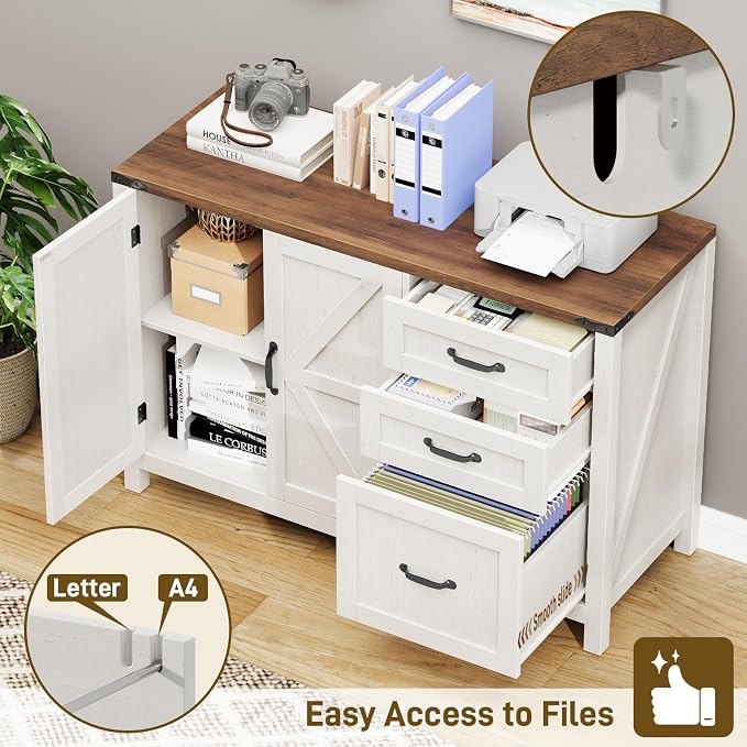 Farmhouse File Cabinet with Doors, Lateral Filing Cabinet with 3 Drawers for Letter/A4 Size Hanging Files, Large Wooden Storage Cabinet with Adjustable Shelves for Home Office, White and Brown