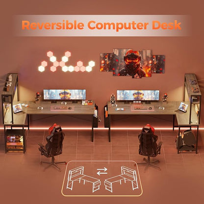 Mericonia 51 inch Large L Shaped Desk with Pegboard Hutch & Shelves, Corner Gaming Desk with Power Outlet, LED Light & Storage Bag, Reversible Computer Desk for Home, Bedroom, Office Workspace, Grey