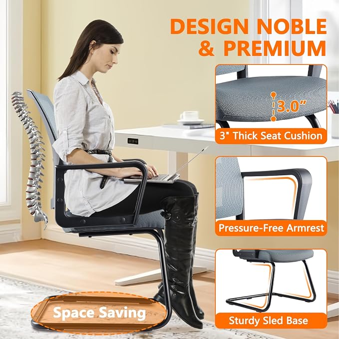 CLATINA Waiting Room Chairs with Armrests and Adjustable Lumbar Support, Breathable Mesh Back Desk Chair No Wheels, Office Guest Chairs & Reception Chair for Conference Room, Grey