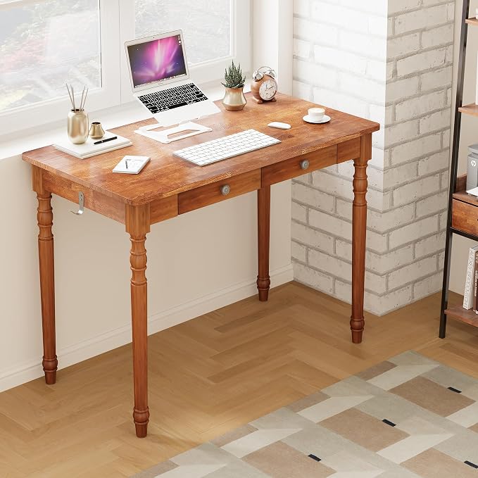 Mid Century Modern Desk, 39" Vintage Solid Wood Desk with 2 Drawers, Boho Writing Desk Computer Table for Home, Office, Bedroom, Living Room