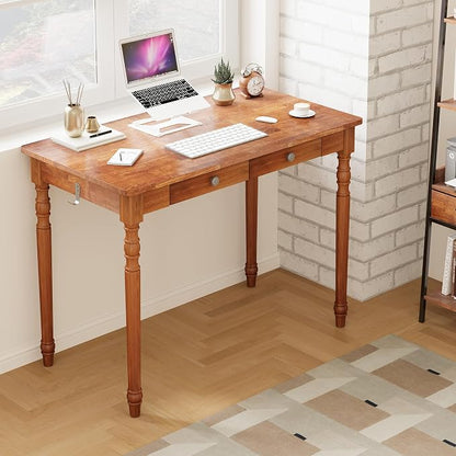 Mid Century Modern Desk, 39" Vintage Solid Wood Desk with 2 Drawers, Boho Writing Desk Computer Table for Home, Office, Bedroom, Living Room