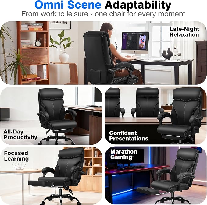 AreShark Ergonomic Office Chair with Footrest - High Back Executive Leather Desk Chair, Breathable Reclining Computer Chair with Lumbar Support, Heavy Duty Swivel Task Chair for Home Office & Gaming