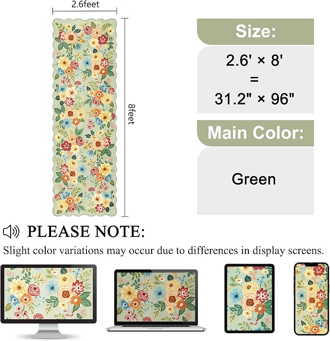 DUKINO 2.6x8 Runner Rug for Hallway, Washable Kitchen Rug with Non Slip Backing & Non-Shediing, Soft Low Pile Floral Design Runner for Bedroom, Kithchen, Living Room, Laundry, Bathroom, Green