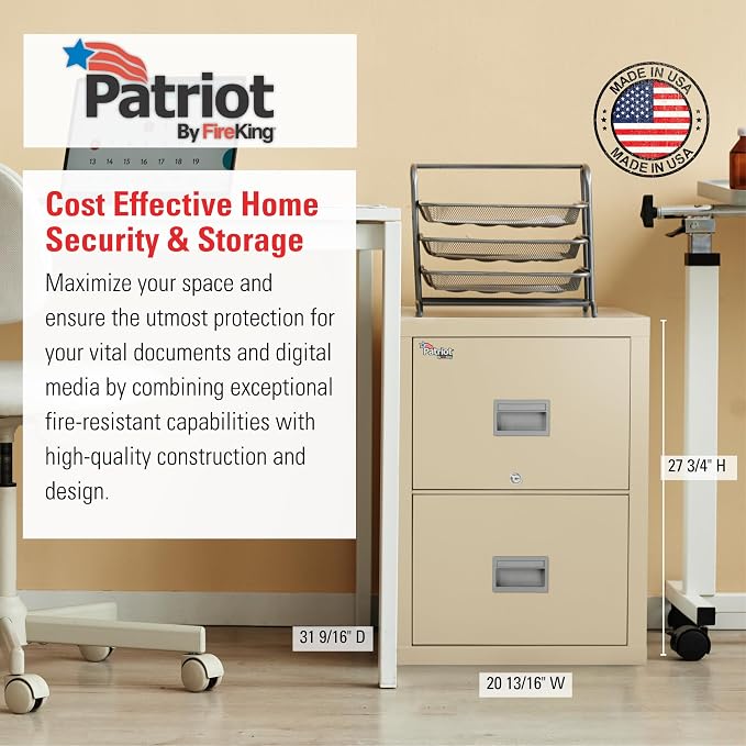 FireKing Patriot Vertical 2 Drawer Legal and Letter Fire Safe File Cabinet with Key Lock, 1 Hour Fire Rated, UL Rated & Water Resistant Home Safe, Made in the USA, Parchment