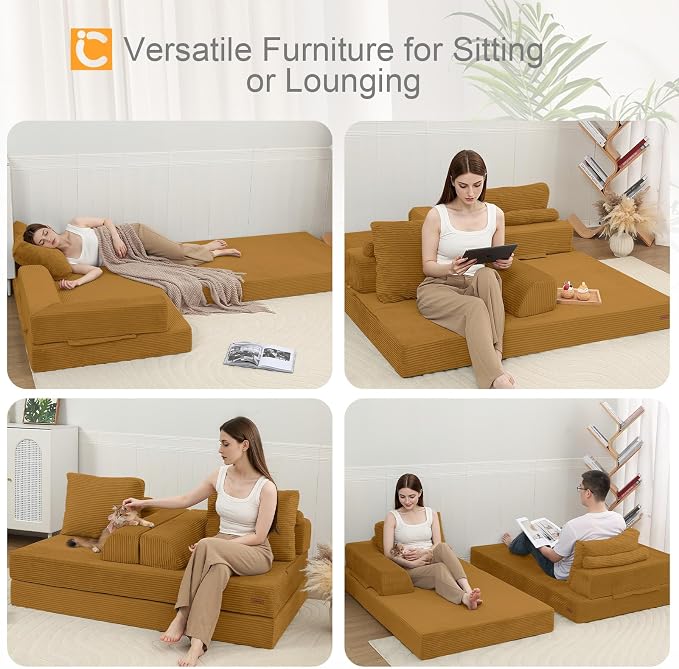 COMAX Futon Sofa Bed, Convertible Folding Sofa Bed, Boneless Couch Loveseat Corduroy with Pillows, Small Foldable Floor Couch Comfy Lounge Sleeper for Living Room Bedroom, Orange