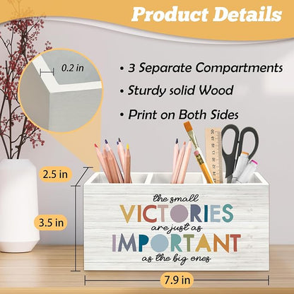 Boho Inspirational Pen Holder Organizer for Desk Accessories, the Small Victories Are Just As Important As the Big Ones Motivational Wooden Box Sign Desk Decorations for Home Office Decor