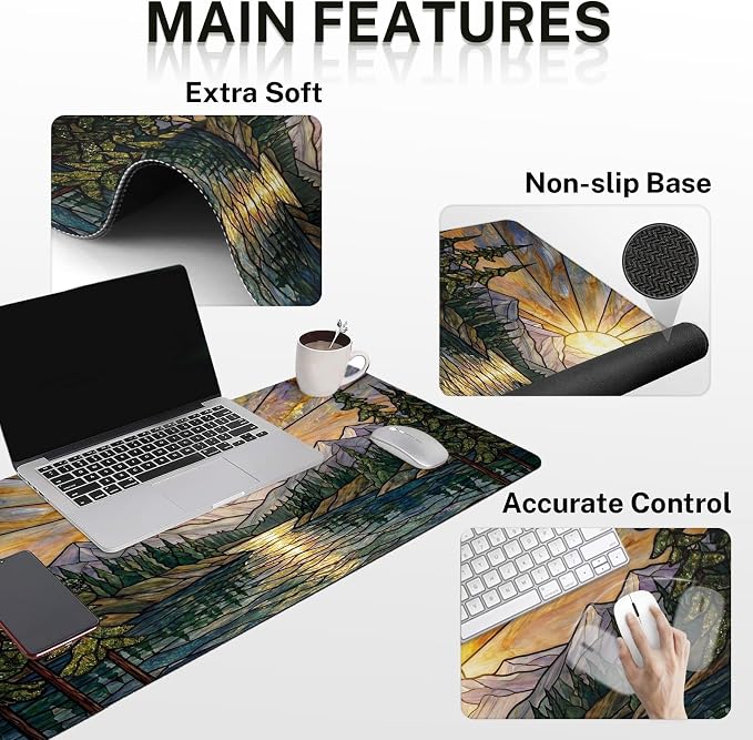 Britimes Mountain Gold Sun Keyboard Mouse Pad Set Nature Forest 4in1 Large Mousepad+Keyboard Wrist Rest+Mouse Wrist Rest+Coaster Ergonomic Design for Home Office Computer 35.4x15.7 inches