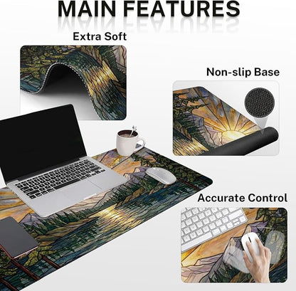Britimes Mountain Gold Sun Keyboard Mouse Pad Set Nature Forest 4in1 Large Mousepad+Keyboard Wrist Rest+Mouse Wrist Rest+Coaster Ergonomic Design for Home Office Computer 35.4x15.7 inches