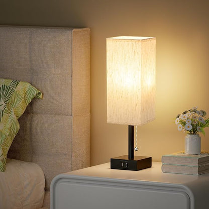 aooshine Pull Chain Small Table Lamp - 3 Color Temperature Bedside Lamp for Bedroom with USB Port, Minimalist Nightstand Lamp with Black Base, Desk Lamp for Kids Room Dorm, Bulb Included