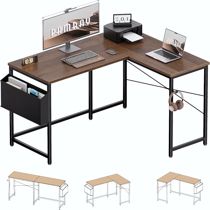 Pamray 47 Inch Reversible L Shaped Gaming Desk Corner Computer Desk with Storage Bag Home Office Table for Writing Study Brown