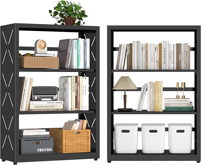 UNICOLY Bookshelves and Bookcases, 3 Tier Metal Bookshelf with Adjustable Shelves and Bookends, Open Shelf Bookcase, Display Shelves for Home Decor Bedroom, Living Room, Home Office, Black