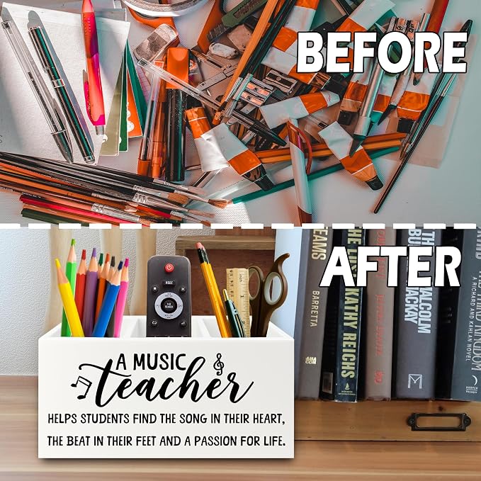 Music Teacher Pen Pencil Holder Organizer for Desk, Music Teacher Gifts, Teachers Appreciation Gifts for Women Men Wooden Box Sign for Office Workplace Classroom Desk Tabletop Decorations
