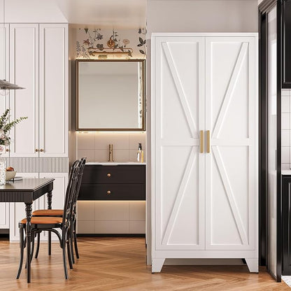 QINPTWUT 71" Metal Storage Cabinet with Doors and Shelves, Tall Pantry Cabinet in White with 2 Doors & 4 Adjustable Shelves, All-Steel Farmhouse Cupboard for Kitchen, Living Room,Home Office,Garage