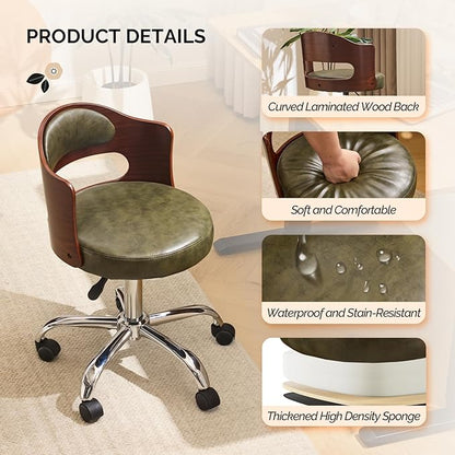 VINGLI Armless Home Office Desk Chair, Adjustable Swivel Chair,Dual-Use with/no Wheels,Small Retro Designed Walnut Curved Task Chair,Cushioned Nail Tech Chair for Study Area,Workspace,PU,Olive Green