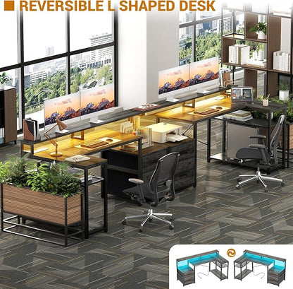 Aheaplus L Shaped Desk with File Drawer, Reversible L Shaped Computer Desk Gaming Desk with Power Outlet & LED Strip, Home Office Desk with Monitor Shelf, Corner Desk with Storage Shelves, Grey Oak