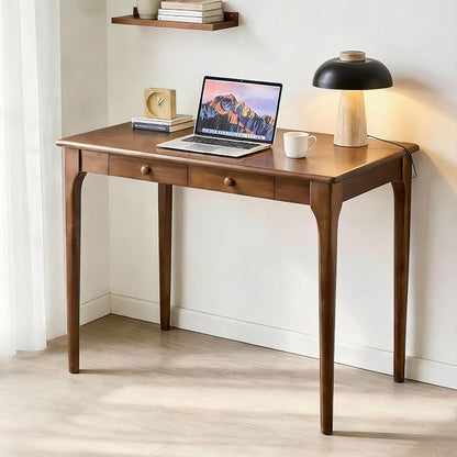 40" Walnut Solid Wood Desk with Drawers,Mid Century Modern Natural Real Wood Writing Desk,Home Bedroom Small Spaces Computer Office Workstation Desks