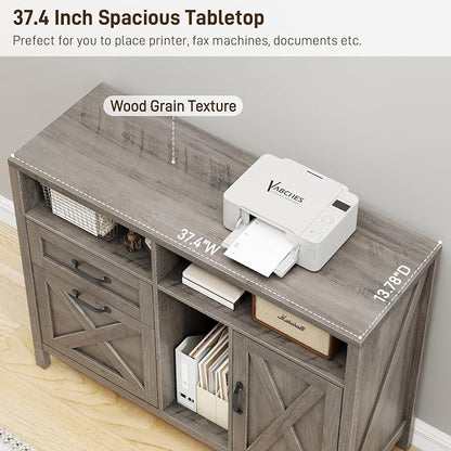 Befrases Farmhouse File Cabinet with Doors, Lateral Filing Cabinet with 2 Drawers for Letter/A4 Size Hanging Files, Large Wooden Printer Stand with Open Shelf for Home Office, Rustic Grey