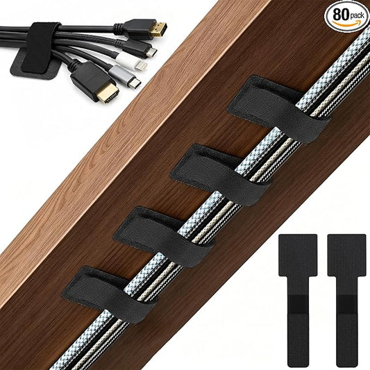 80 PCS Hook and Loop Cable Ties, Self Adhesive Cable Management Straps, Reusable Cord and Wire Organizer Clips for Under Desk, Computer, TV, Gaming Setup, Home Office and Kitchen, Black