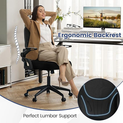 COSTWAY Office Chair, Comfy Swivel Rolling Desk Chair with Adjustable Height & Flip-Up Armrests, Ergonomic Mesh Computer Chairs with Lumbar Support for Working & Gaming (Black)