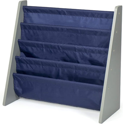 Humble Crew Kids Bookshelf, 4-Tier Front-Facing Book Display Organizer, Montessori Toddler Bookcase for Playroom, Bedroom & Reading Corner, Grey Wood/Navy