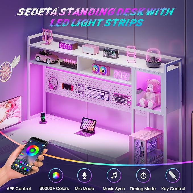 SEDETA L Shaped Gaming Desk with Drawers, Reversible Computer Corner Desk with File Drawer, Hutch, Storage Shelves for Home Office, Gaming Two Person Desk with Led Lights, Power Outlet, White