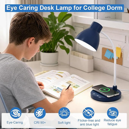 Desk Lamp for Home Office - LED Desk Lamp with Wireless Charger, 3 Color Modes Dimmable Eye-Caring Study Reading Desk Light, Small Flexible Arm Table Lamp for College Dorm Room, Navy Blue