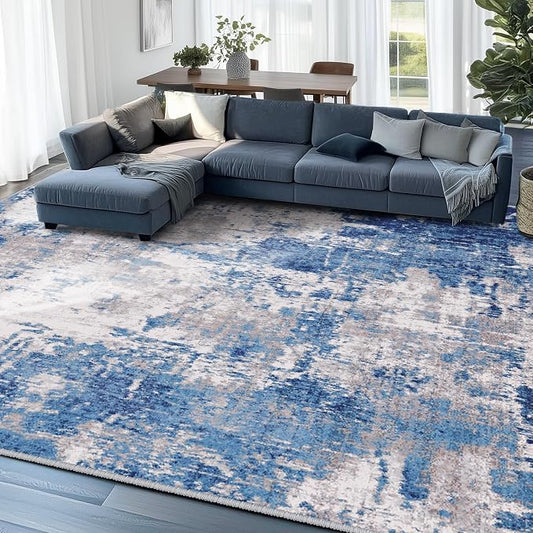 RELEANY Washable Area Rugs 7'x9' Non-Slip Modern Abstract Soft for Living Room Entryway Bedroom Kitchen, Print Pattern, Blue Grey Navy Gray
