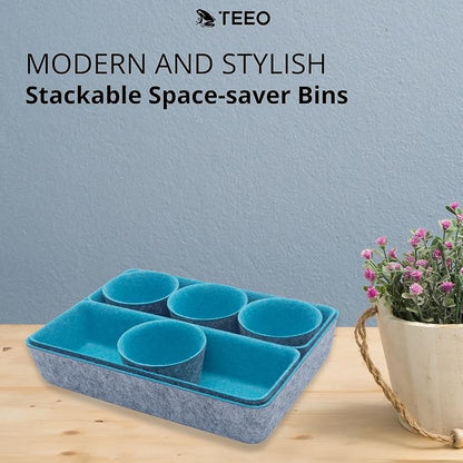 Teeo - Desk Organizer Drawer - Makeup Drawer Organizer Trays - Bathroom Drawer Organizer - Small Desk Organizer - Home Office Cosmetic Bins Dividers Compartment Organization - Pack of 7, Turquoise