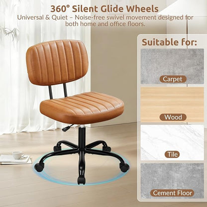 Swivel Rolling Office Chair, Armless Pu Leather Vanity Chair with Back Lumbar Support Height Adjustable Computer Chair, Small Desk Chair for Home Office, Brown