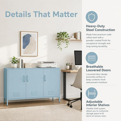 Blue Metal Storage Cabinet with Lock, 47.5" Wide Ventilated Door Locker, 2 Adjustable Shelves, Heavy Duty Home Accent Cabinet for Living Room Kitchen Office Study