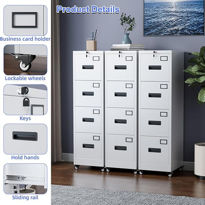 Aobabo 4 Drawer File Cabinet with Lock and Wheels, Metal Vertical Filing Cabinet with Anti-Tilt Interlock System for Home Office, Fits Letter/Legal Size, White,Required Assembly