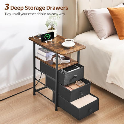 DALEMHOME Narrow End Table with Charging Station, Narrow Side Table with 3 Fabric Drawers, Slim Nightstand with LED Light, Small Table with Storage, Living Room, Bedroom, Rustic Brown HKET1303BR
