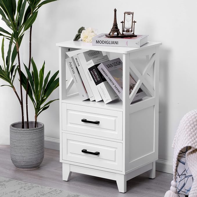 RoyalCraft 30" Tall Nightstand, Modern Painted Bedside Table with 2 Drawers and Open Shelf, Wood Side Table for Bedroom, Home Office, White-Open Shelf Above, Set of 2