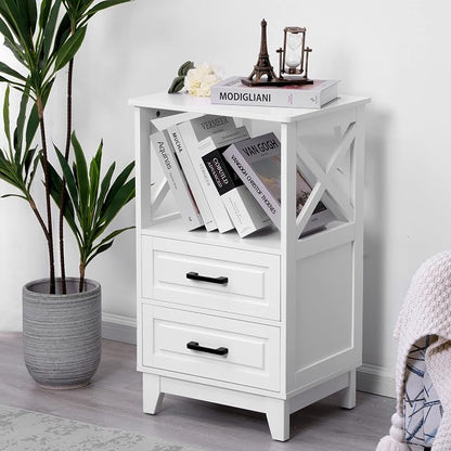 RoyalCraft 30" Tall Nightstand, Modern Painted Bedside Table with 2 Drawers and Open Shelf, Wood Side Table for Bedroom, Home Office, White-Open Shelf Above, Set of 2