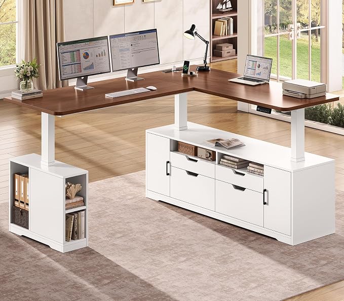 SEDETA Modern L Shaped Electric Standing Desk, 69" x 55" Height Adjustable Office Executive Desk with 4 Drawers and Storage Shelves, Sit Stand Computer Desk with Power Outlet, White + Brown