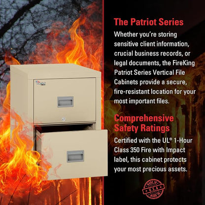 FireKing Patriot 2P1831-CPA Insulated UL Class 350 one-Hour Fire Rated Vertical Filing Cabinet with 2 Drawers, Deep Letter Size, 31-9/16" Length x 17-3/4" Width x 27-3/4" Height, Parchment