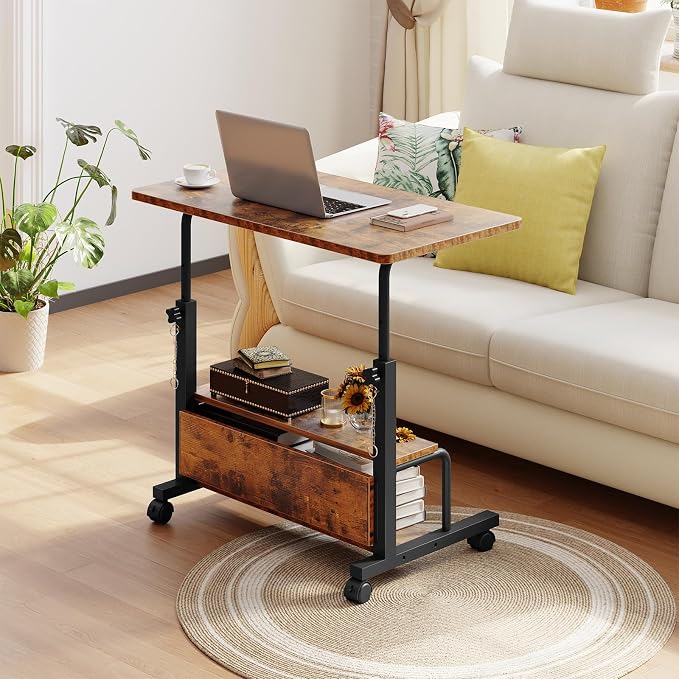 DUMOS 31.5" Mobile Rolling Desk with 2-Tier Storage Shelves, Height Adjustable Computer Desks on Wheels, Portable Rolling Laptop Table for Small Spaces & Home Office Rustic Brown