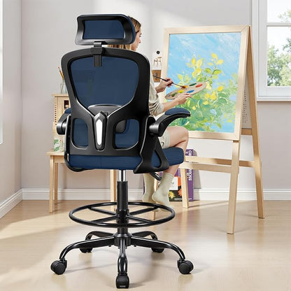 Drafting Chair, Tall Office Chair for Standing Desk, Ergonomic High Back with Headrest, Lumbar Support, Foot Ring and Flip-up Armrests, Navy Blue
