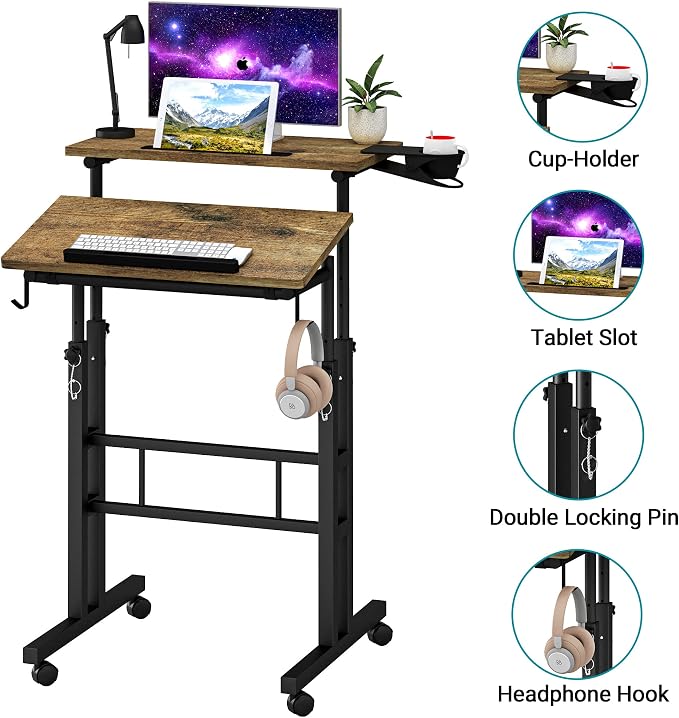 Klvied Small Standing Desk with Cup Holder, Height Adjustable Mobile Laptop Stand on Wheels, Ergonomic Rolling Computer Workstation for Home Office, Portable Overbed Table for Couch & Bed, Oak