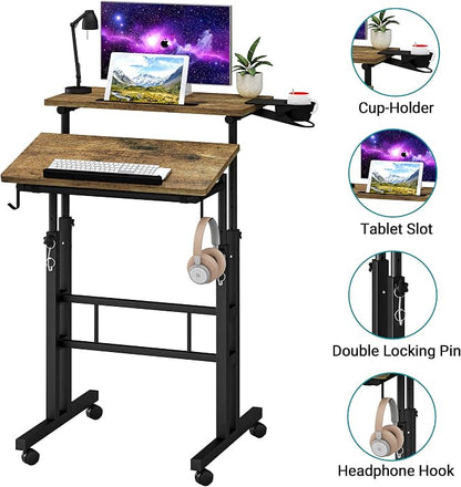 Klvied Small Standing Desk with Cup Holder, Height Adjustable Mobile Laptop Stand on Wheels, Ergonomic Rolling Computer Workstation for Home Office, Portable Overbed Table for Couch & Bed, Oak