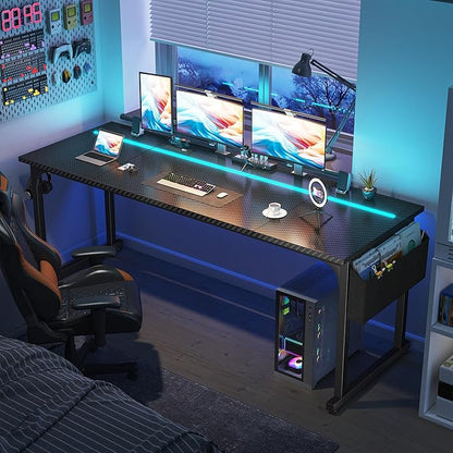 DurayLoly 71" Gaming Desk with LED Lights, Large Office Desk for 3 Monitors or 2 laptops,Long Desk with Storage Bag&Headphone Hook for Study Writing Work Wood Desk,Sturdy Metal Frame,Black
