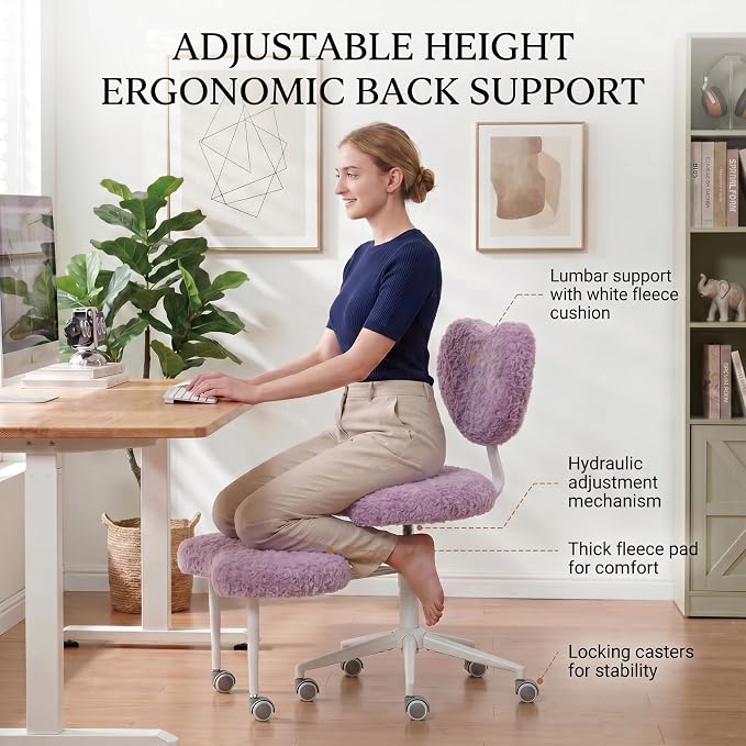 Cross Legged Office Chair with Wheels, 360 Swivel Height-Adjustable Meditation Chair with Lumbar Support, Artificial Rabbit Hair Fabric, Violet