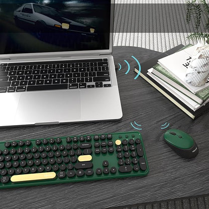 Colorful Wireless Computer Keyboards Mouse Combos, UBOTIE Polychrome Round Keycaps Retro PC Keyboards 2.4GHz Radio Frequency Connection with Optical Mouse Power Switch (Green-Black)