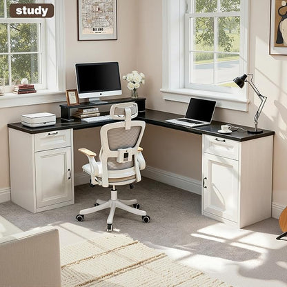 HUAHUU 78" Farmhouse L Shaped Executive Desk with Drawers, Modern Computer Desk with Power Outlets, Office Writing Desk with Monitor Stand & Storage Cabinet, Printer Shelf, Antique White