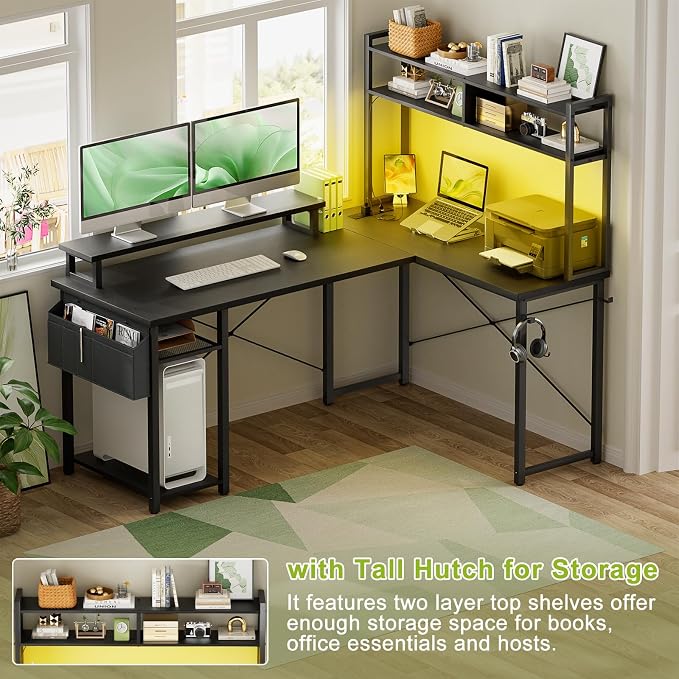 Besiost Small L Shaped Desk Gaming Desk with Power Outlets, 48" Reversible L Shaped Computer Desk with Monitor Stand & Storage Shelf, Corner Gamer Desk Home Office Desk with Storage Bag, Black
