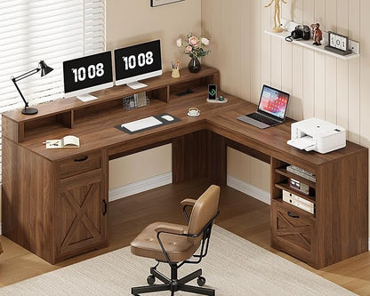 YOMILUVE 63" L Shaped Desk with Drawers, Farmhouse Corner Computer Desk with Power Outlets, Storage Cabinet, Home Office Executive Desk with Long Monitor Stand, Brown