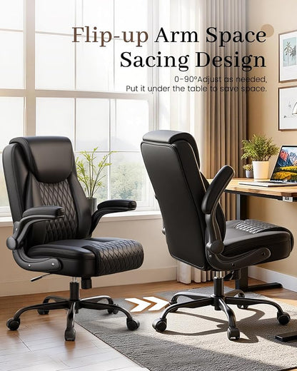COMHOMA Mid-Back Office Chair, Ergonomic PU Desk Chair with Flip up Arms, Small Computer Gaming with Comfy Lumbar Support,Rocking Function,Sturdy Metal Base, Black